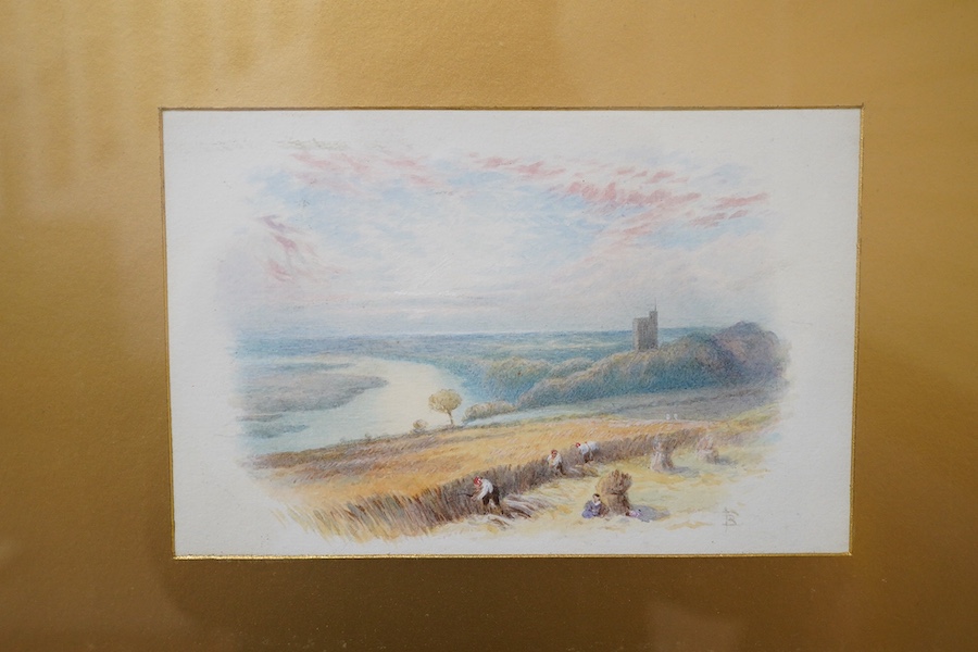 Myles Birket Foster (1825-1899), watercolour, Figures Thrashing Wheat, monogrammed, gilt framed, 11.5 x 17cm. Condition - good